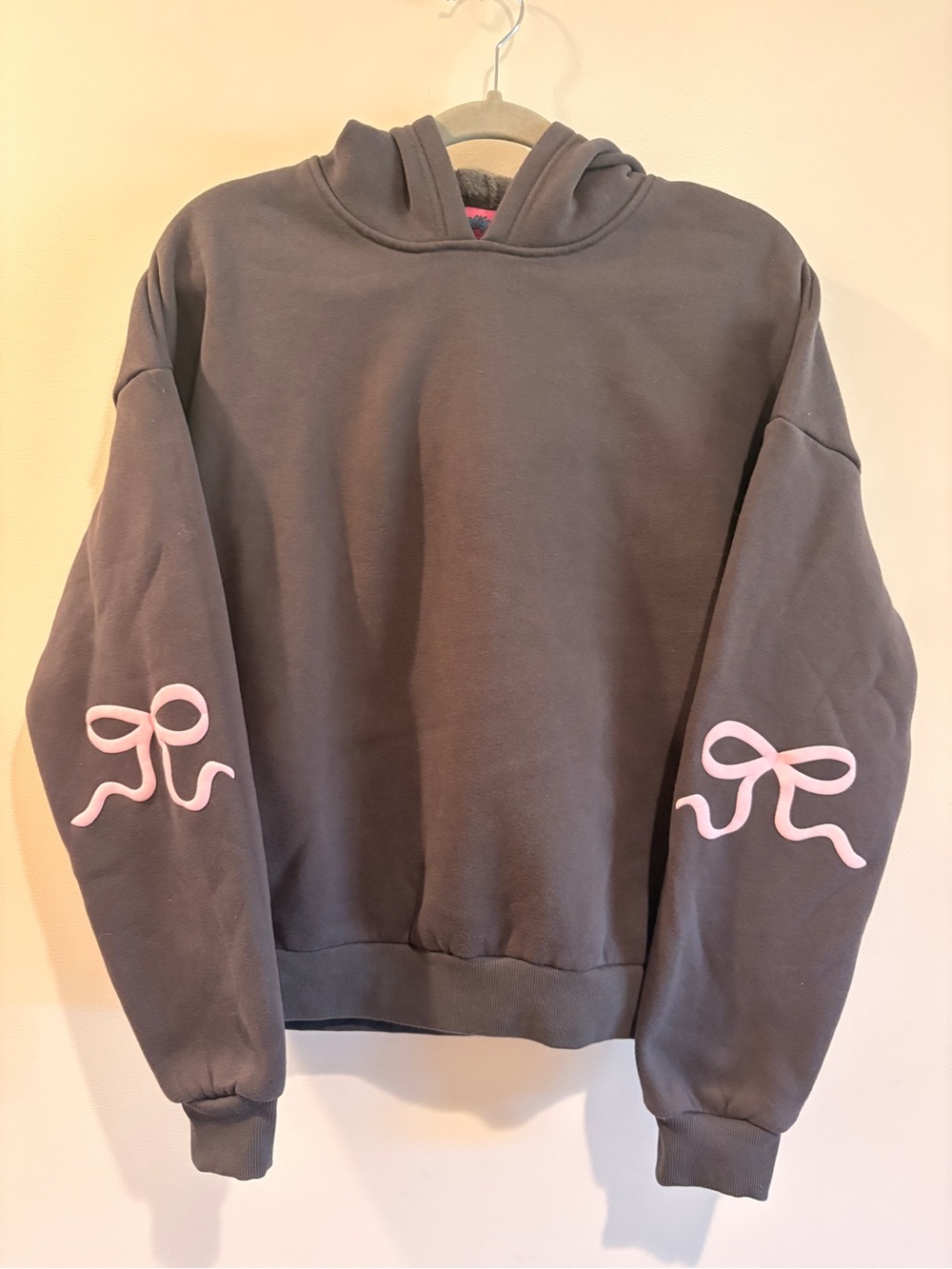 Edikted Charcoal Hoodie Sweatshirt with Pink Sleeve Bows